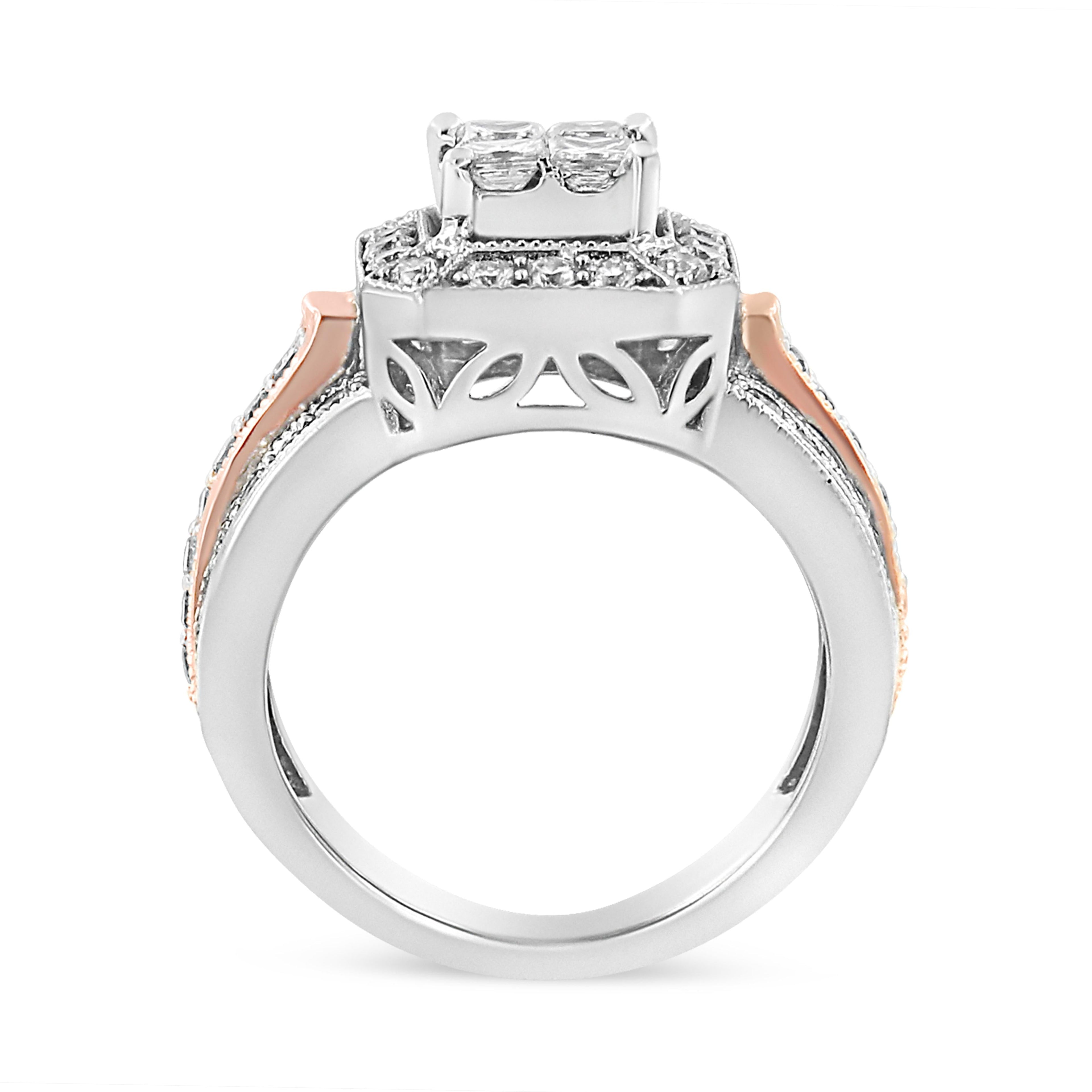 14K White and Rose Gold 1 1/8 Cttw Princess and Round-Cut Diamond Art Deco Style Triple Shank Halo Cocktail Ring (I-J Color, SI2-I1 Clarity) - Size 7 by Bids.com