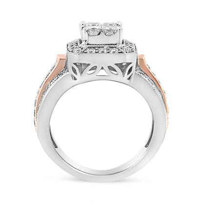 14K White and Rose Gold 1 1/8 Cttw Princess and Round-Cut Diamond Art Deco Style Triple Shank Halo Cocktail Ring (I-J Color, SI2-I1 Clarity) - Size 7 by Bids.com