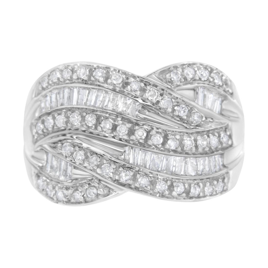 .925 Sterling Silver 1.0 Cttw Channel Set Alternating Round and Baguette Diamond Cross-over Bypass Ring Band (I-J Color, I2-I3 Clarity) - Size 7 by Bids.com