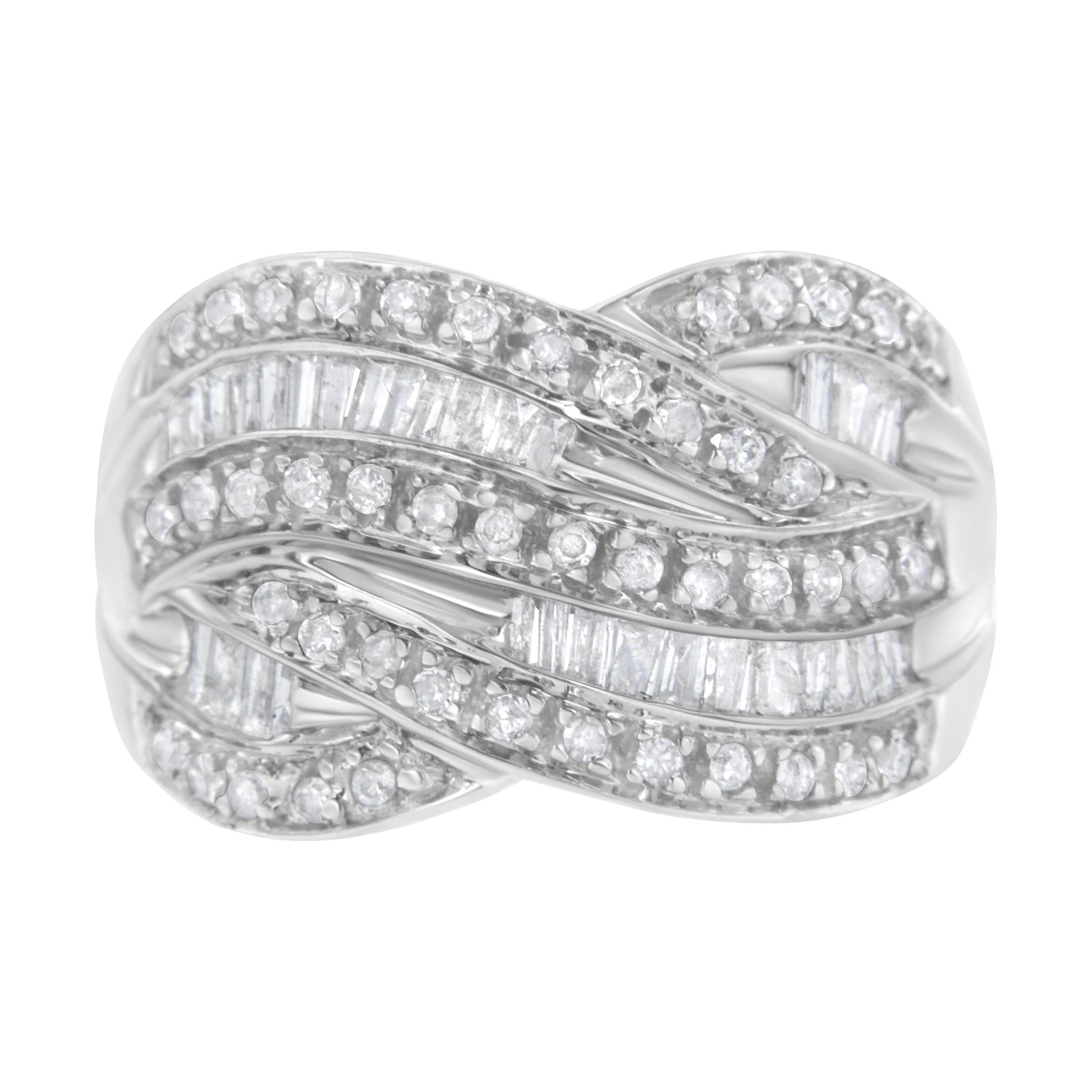 .925 Sterling Silver 1.0 Cttw Channel Set Alternating Round and Baguette Diamond Cross-over Bypass Ring Band (I-J Color, I2-I3 Clarity) - Size 7 by Bids.com