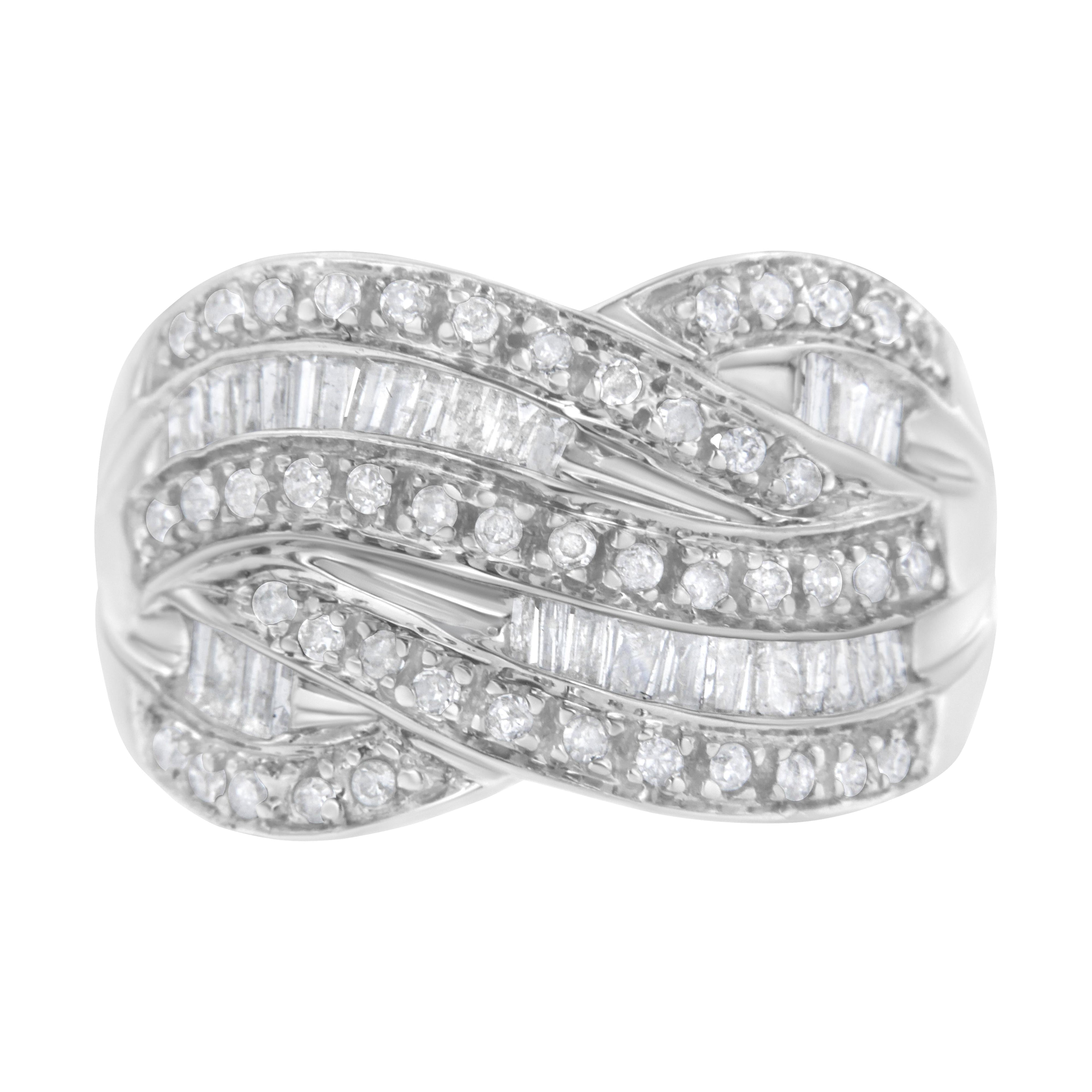 .925 Sterling Silver 1.0 Cttw Channel Set Alternating Round and Baguette Diamond Cross-over Bypass Ring Band (I-J Color, I2-I3 Clarity) - Size 7 by Bids.com