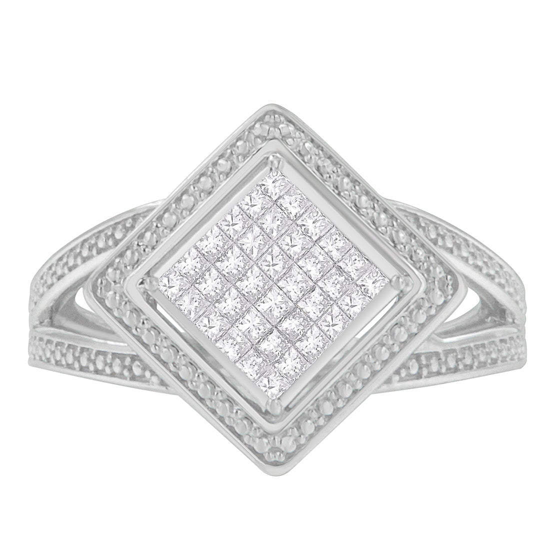 .925 Sterling Silver 1/3 Cttw Invisible Set Princess-Cut Diamond Rhombus and Beaded Halo Ring (H-I Color, SI1-SI2 Clarity) - Ring Size 7 by Bids.com
