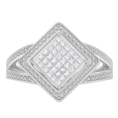 .925 Sterling Silver 1/3 Cttw Invisible Set Princess-Cut Diamond Rhombus and Beaded Halo Ring (H-I Color, SI1-SI2 Clarity) - Ring Size 7 by Bids.com