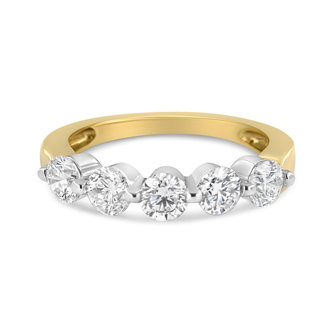 14K White and Yellow Gold 1 1/2 Cttw 2 Prong Cup Set Round-Cut Diamond 5 Stone Ring Band (H-I Color, SI2-I1 Clarity) - Ring Size 7 by Bids.com