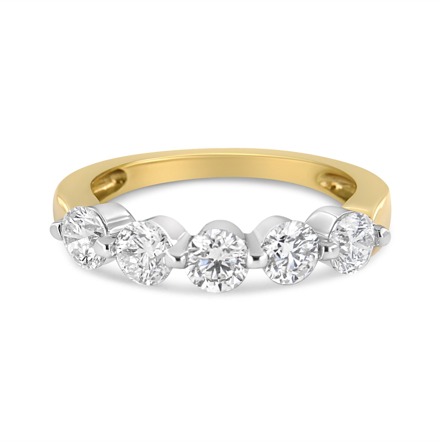 14K White and Yellow Gold 1 1/2 Cttw 2 Prong Cup Set Round-Cut Diamond 5 Stone Ring Band (H-I Color, SI2-I1 Clarity) - Ring Size 7 by Bids.com