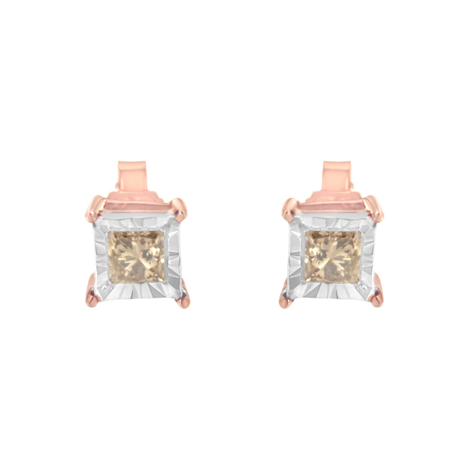 14K Rose Gold Plated Two-Tone .925 Sterling Silver 1/2 Cttw Princess-Cut Square Diamond Solitaire Miracle-Plate Stud Earrings (K-L Color, I2-I3 Clarity) by Bids.com