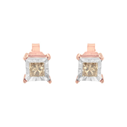 14K Rose Gold Plated Two-Tone .925 Sterling Silver 1/2 Cttw Princess-Cut Square Diamond Solitaire Miracle-Plate Stud Earrings (K-L Color, I2-I3 Clarity) by Bids.com