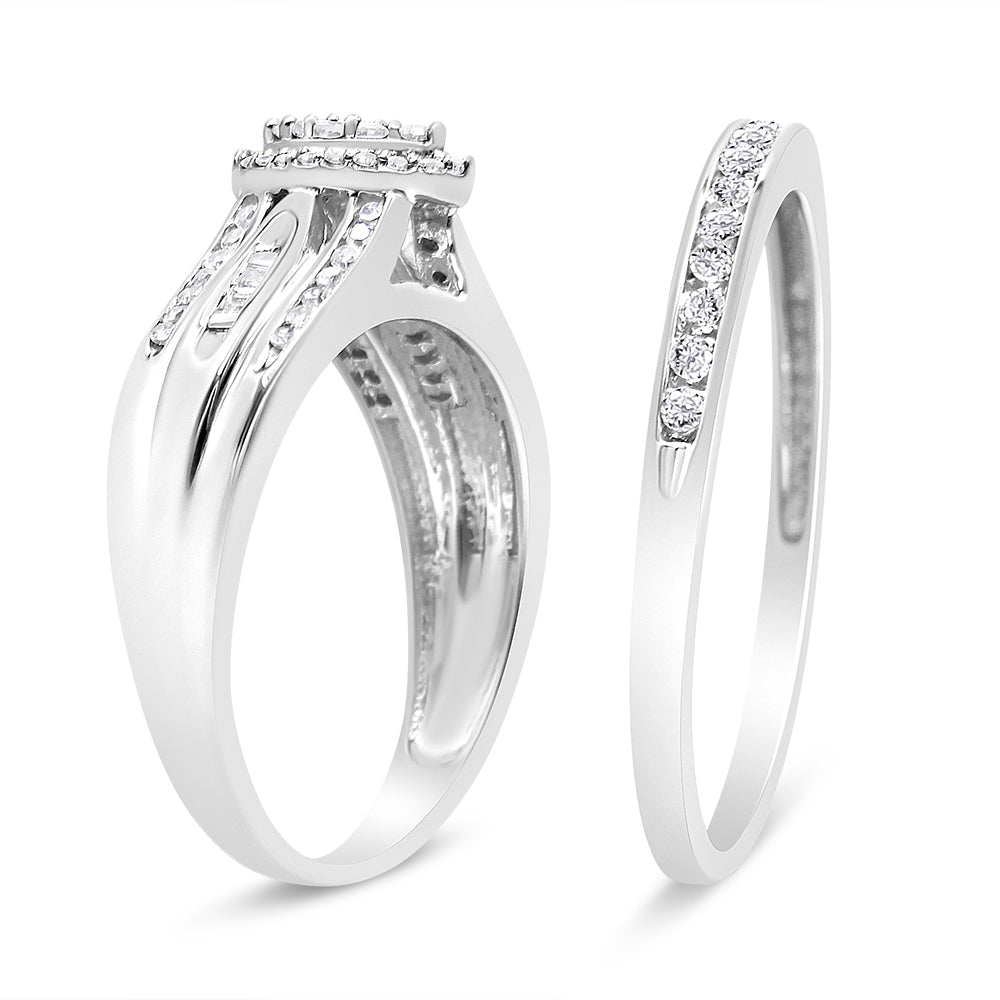 .925 Sterling Silver 1/2 Cttw Round and Baguette-Cut Diamond Engagement Bridal Set (I-J Color, I1-I2 Clarity) - Size 7  DestGlow