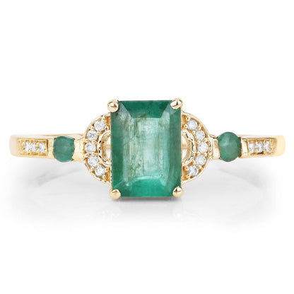1.07 Carat Genuine Zambian Emerald and White Diamond 14K Yellow Gold Ring  DestGlow