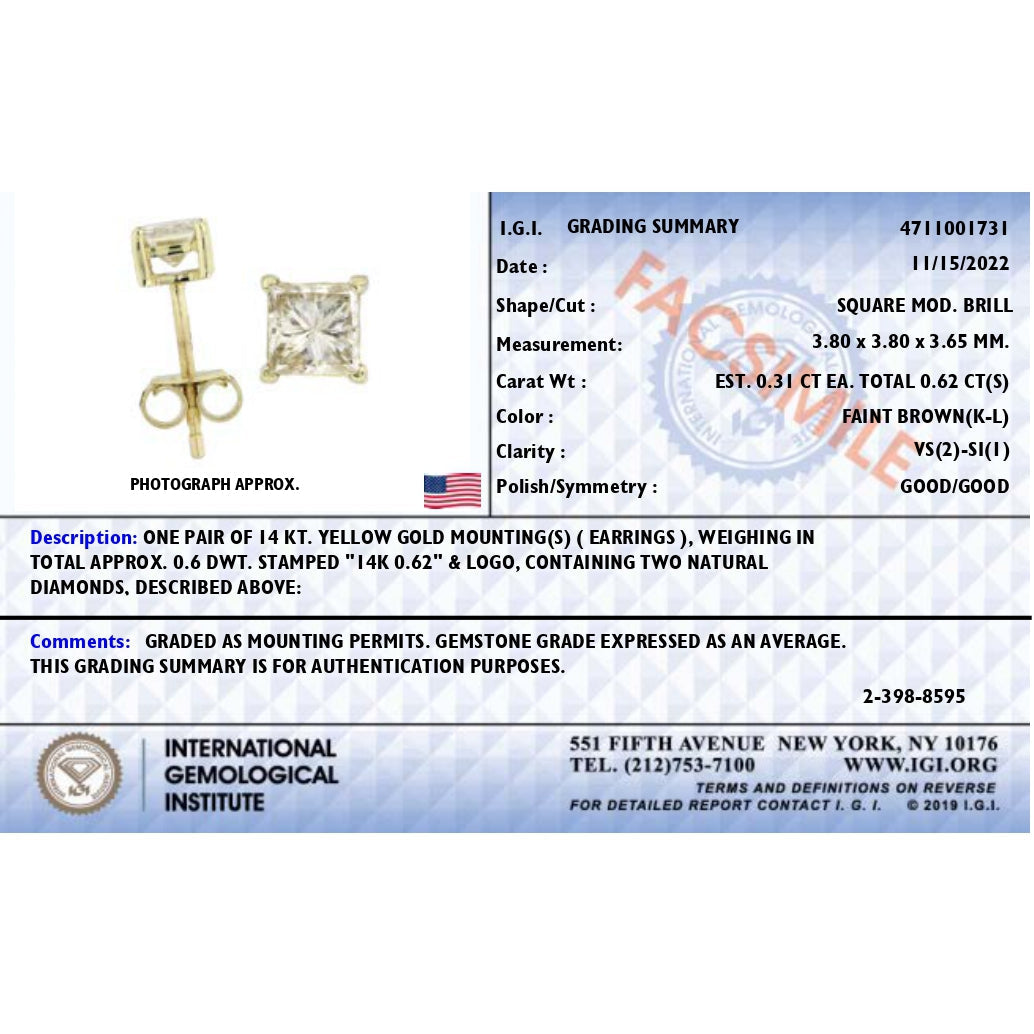 14K Yellow Gold 5/8 Cttw Princess Natural Brown Color Diamond 4-Prong Stud Earrings (Brown Color, VS2-SI1 Clarity) by Bids.com