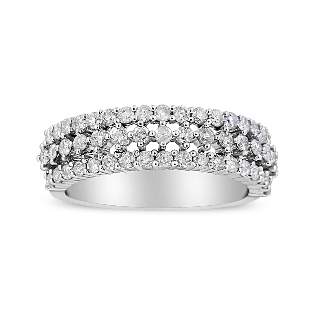 14K White Gold 1.0 Cttw Prong Set Round Diamond Split Shank Three Row Band Ring (H-I Color, I2-I3 Clarity) - Size 6  DestGlow