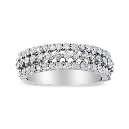 14K White Gold 1.0 Cttw Prong Set Round Diamond Split Shank Three Row Band Ring (H-I Color, I2-I3 Clarity) - Size 6  DestGlow