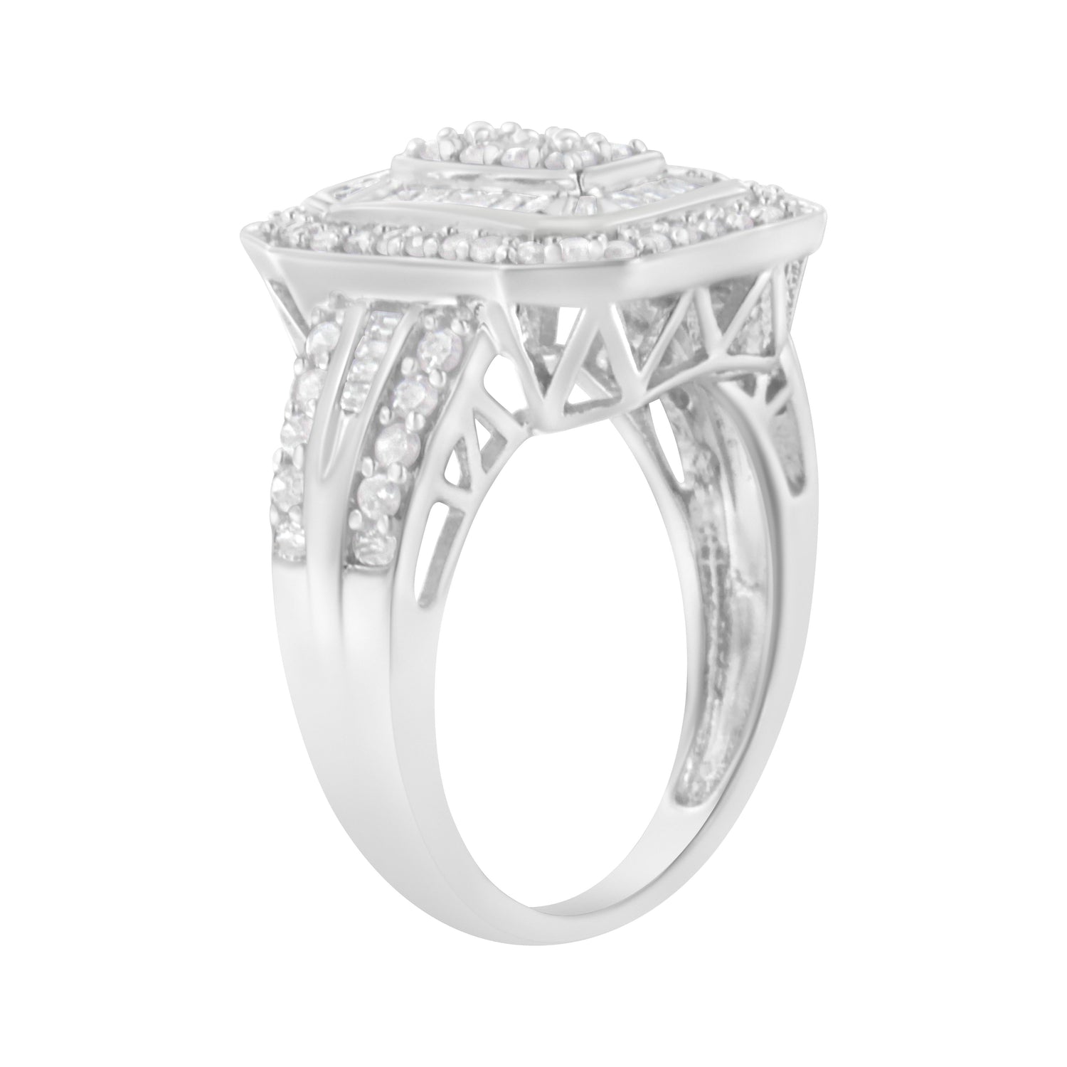 .925 Sterling Silver Round and Baguette Diamond Cathedral Ring (0.75 Cttw, H-I Color, I2-I3 Clarity) - Size 7 by Bids.com