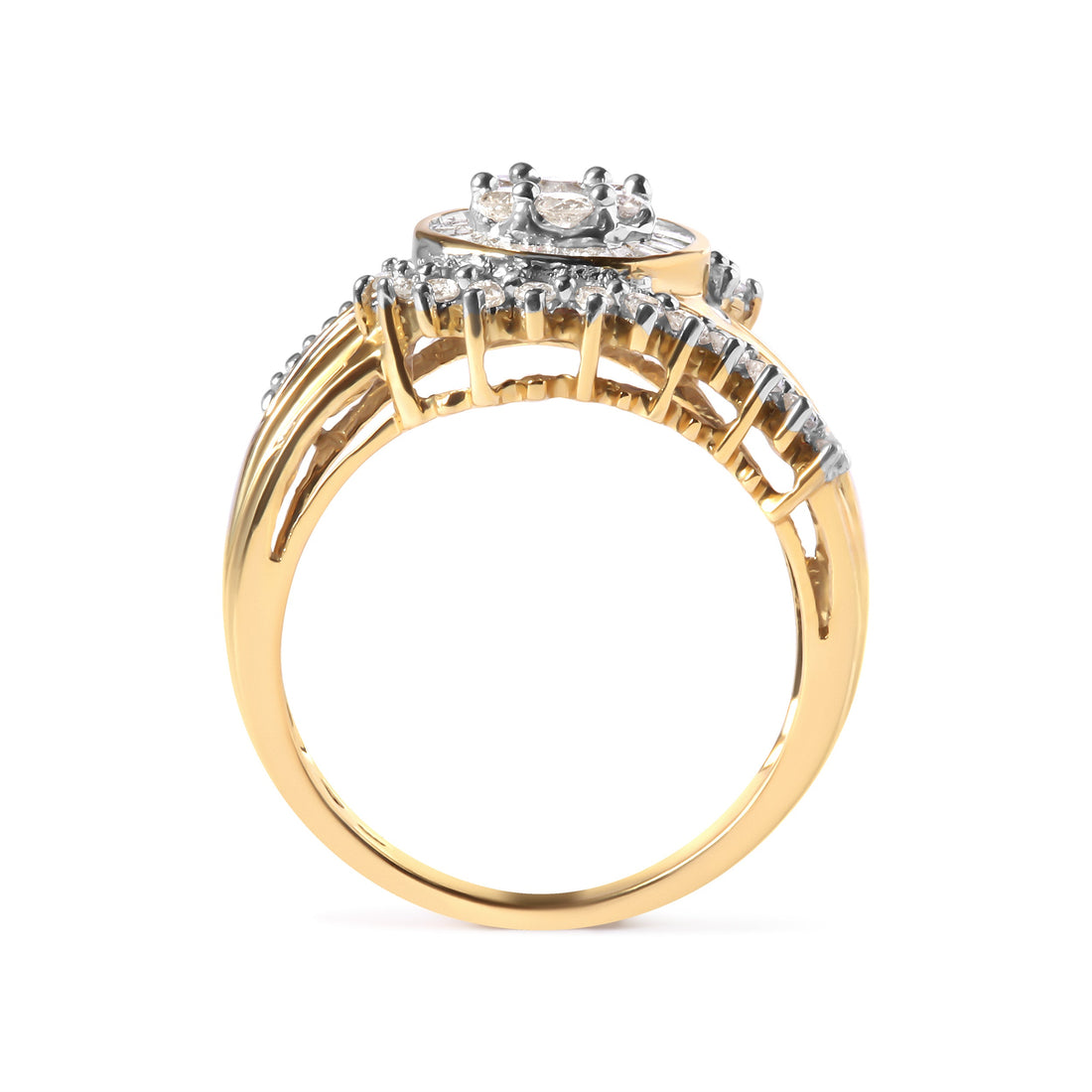 10K Yellow Gold 1 Cttw Round and Baguette cut Diamond Cluster Swirl Band Ring (H-I Color, I1-I2 Clarity) - Ring Size 7 by Bids.com