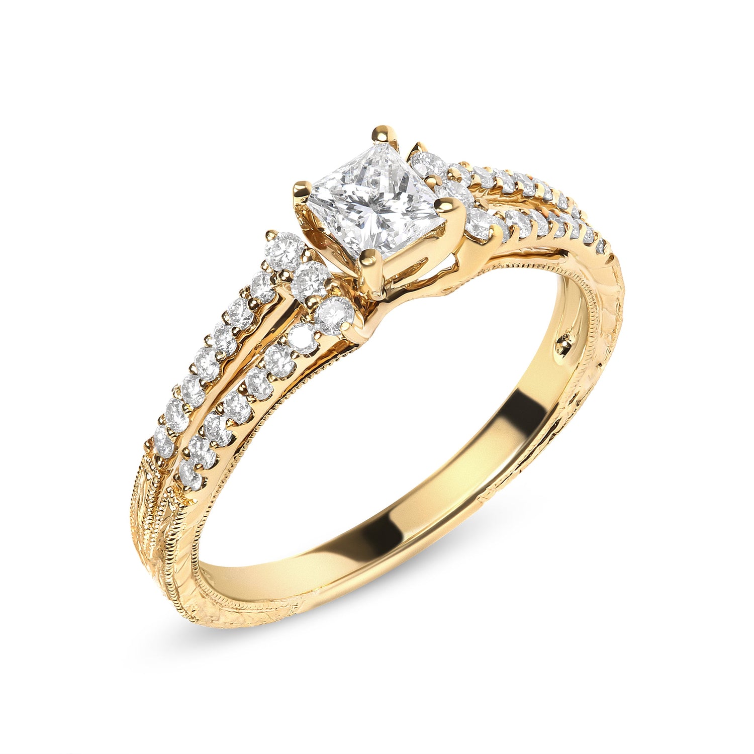 14K Yellow Gold Diamond 5/8 Cttw Princess Diamond Split Shank and Milgrain Engagement Ring (G-H Color, VS2-SI1 Clarity) - Size 7 by Bids.com