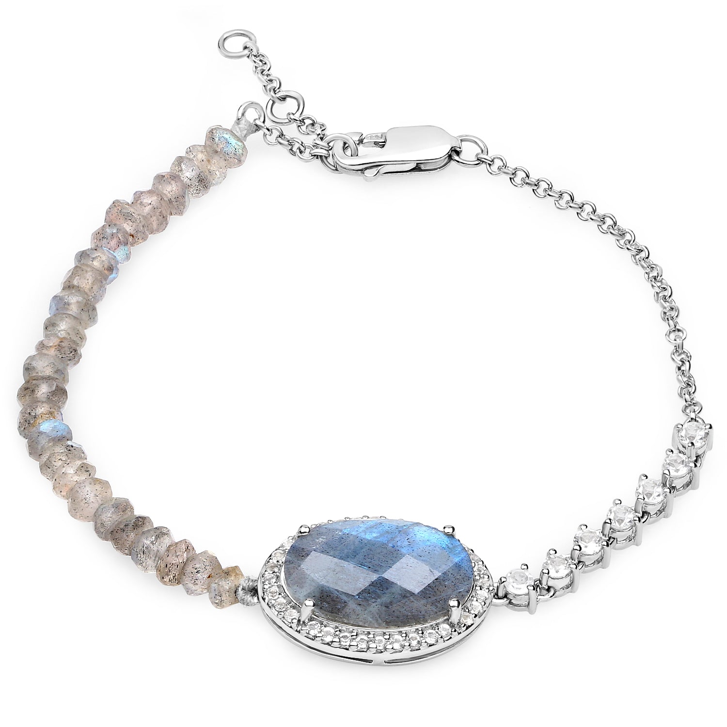 17.49 Carat Genuine Labradorite and White Topaz .925 Sterling Silver Bracelet  DestGlow