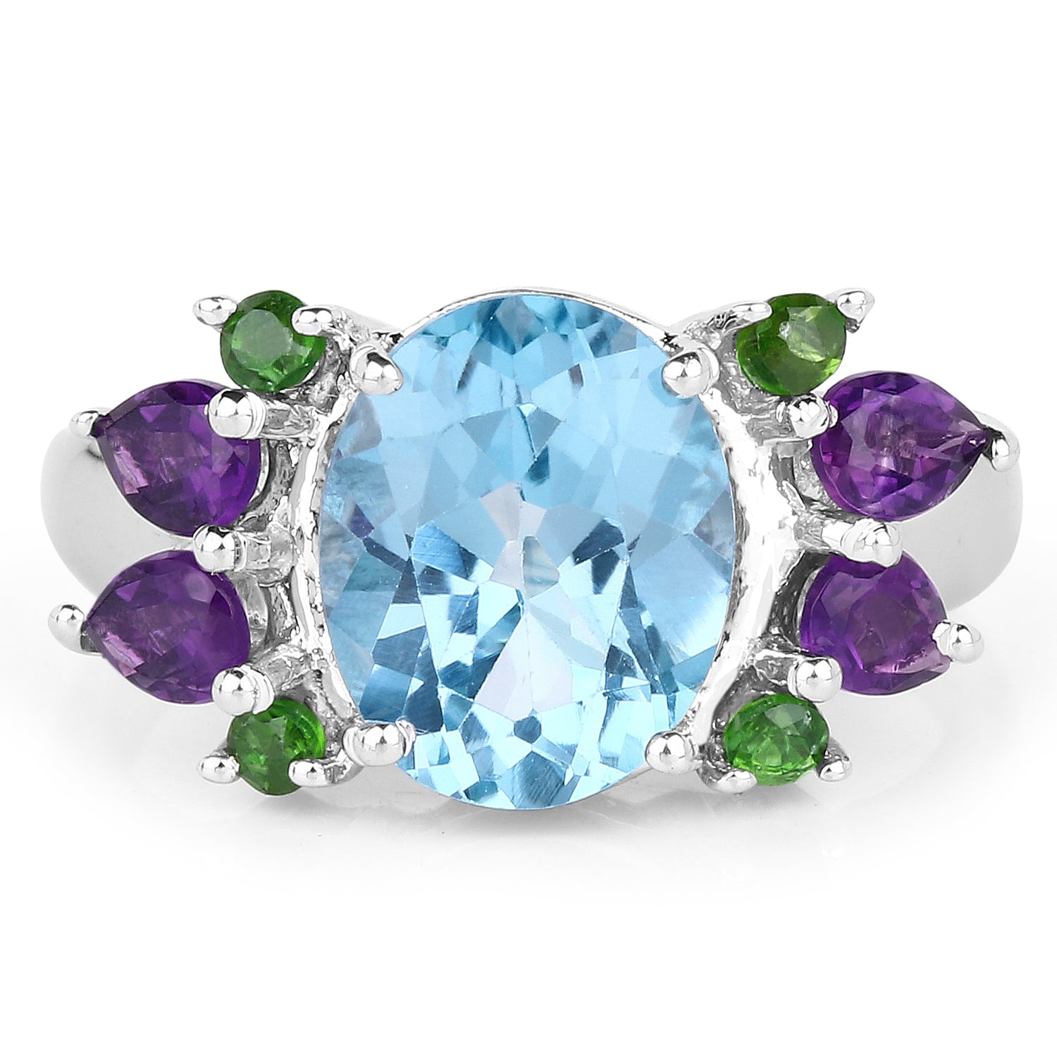 4.00 Carat Genuine Swiss Blue Topaz, Chrome Diopside &amp; Amethyst .925 Sterling Silver Ring  DestGlow