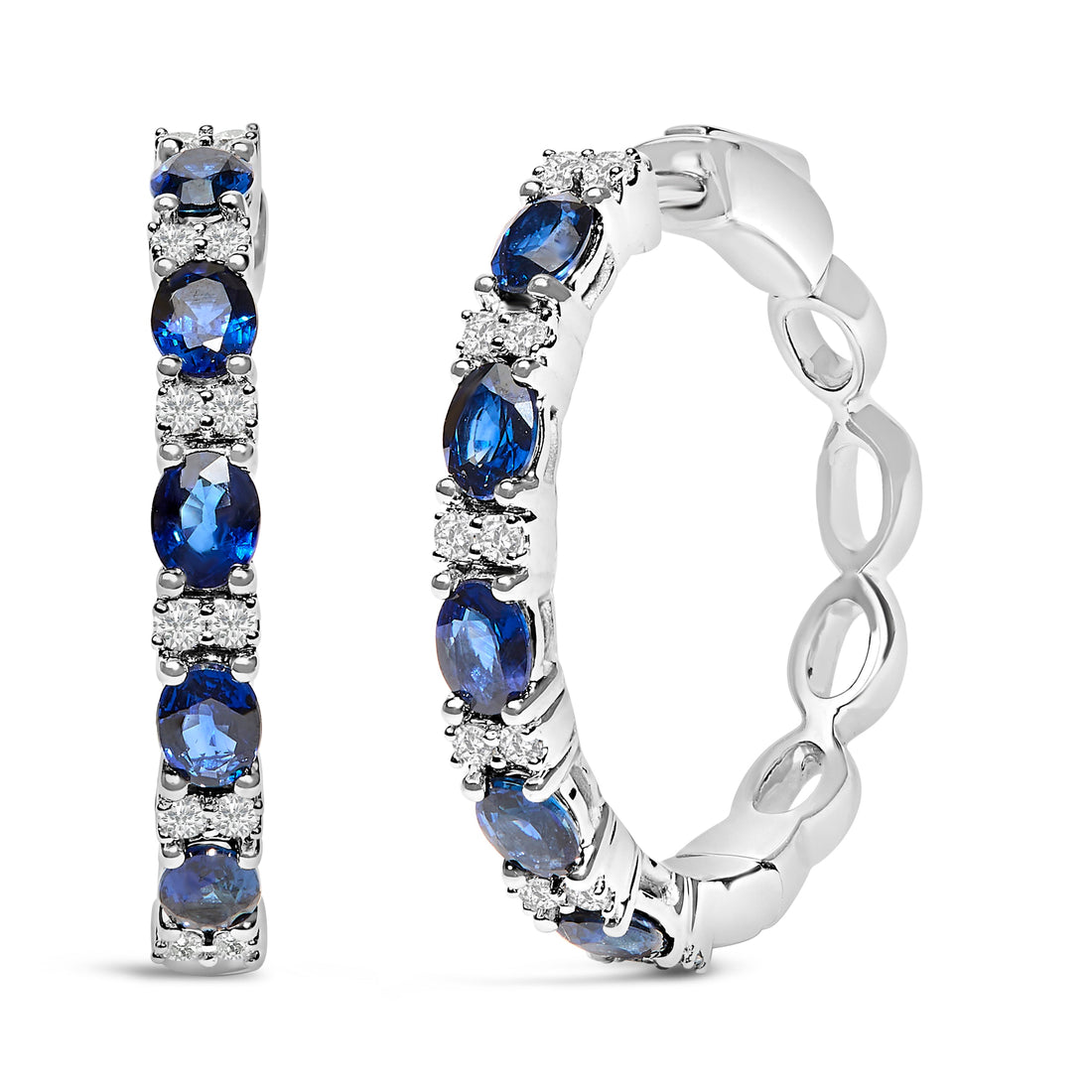 14K White Gold 4x3mm Oval Blue Sapphire and 1/4 Cttw Diamond Alternating Hoop Earring (I-J Color, SI2-I1 Clarity) by Bids.com