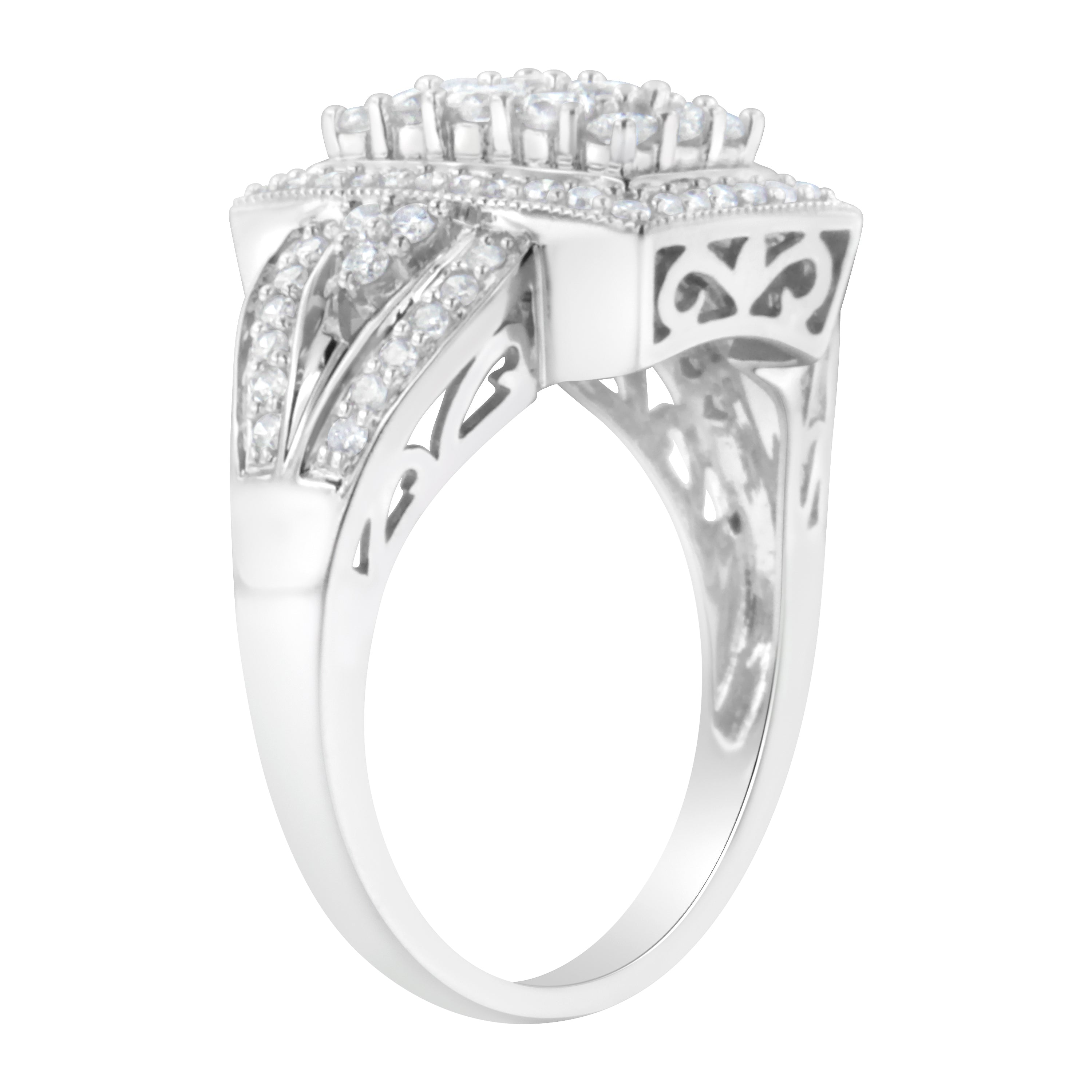 10K White Gold 1.0 Cttw Diamond Rectangular Cushion Shaped Cluster Halo Flared Band Cocktail Fashion Ring (H-I Color, SI2-I1 Clarity) - Size 7 by Bids.com