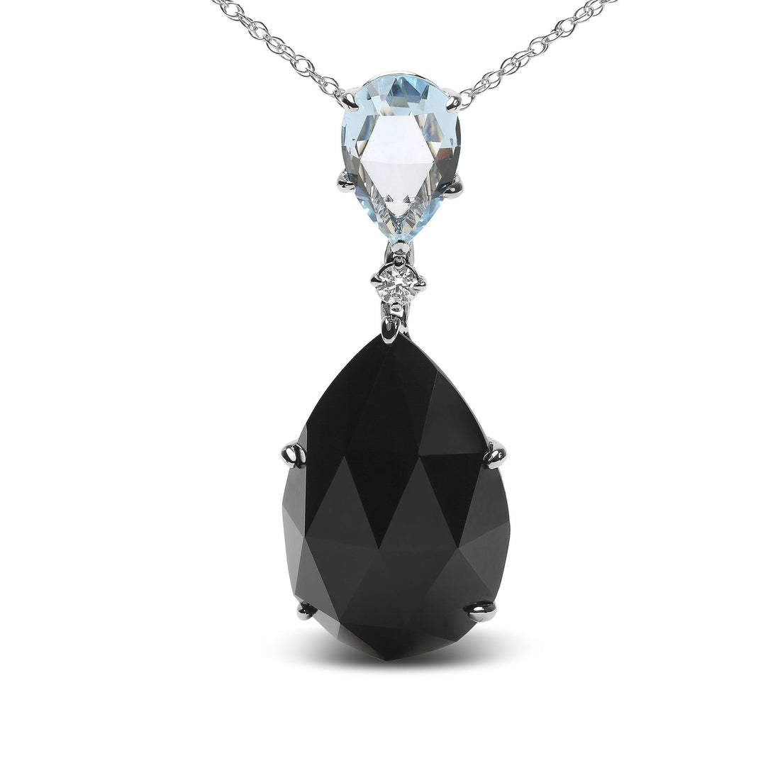 18K White Gold Diamond Accent and Pear Cut Sky Blue Topaz and Pear Cut Black Onyx Dangle Drop 18" Pendant Necklace (G-H Color, SI1-SI2 Clarity) - DestGlow