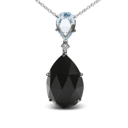 18K White Gold Diamond Accent and Pear Cut Sky Blue Topaz and Pear Cut Black Onyx Dangle Drop 18" Pendant Necklace (G-H Color, SI1-SI2 Clarity) - DestGlow