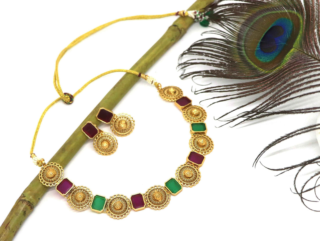 Joban Fashion Maroon &amp; Green Pure Brass With Rajwadi Polish Necklace Set