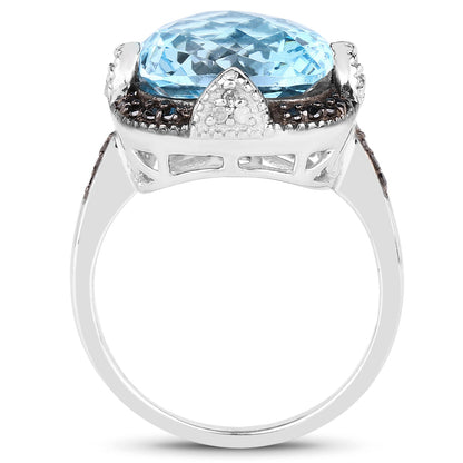 8.29 Carat Genuine Swiss Blue Topaz, Black Diamond &amp; White Diamond .925 Sterling Silver Ring by Bids.com