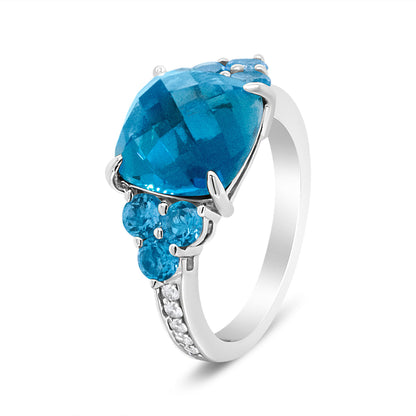 18K White Gold 10mm Cushion Shaped Blue Topaz and 1/6 Cttw Diamond 3 Stone Style Ring (F-G Color, VS1-VS2 Clarity) - Ring Size 6.5 by Bids.com