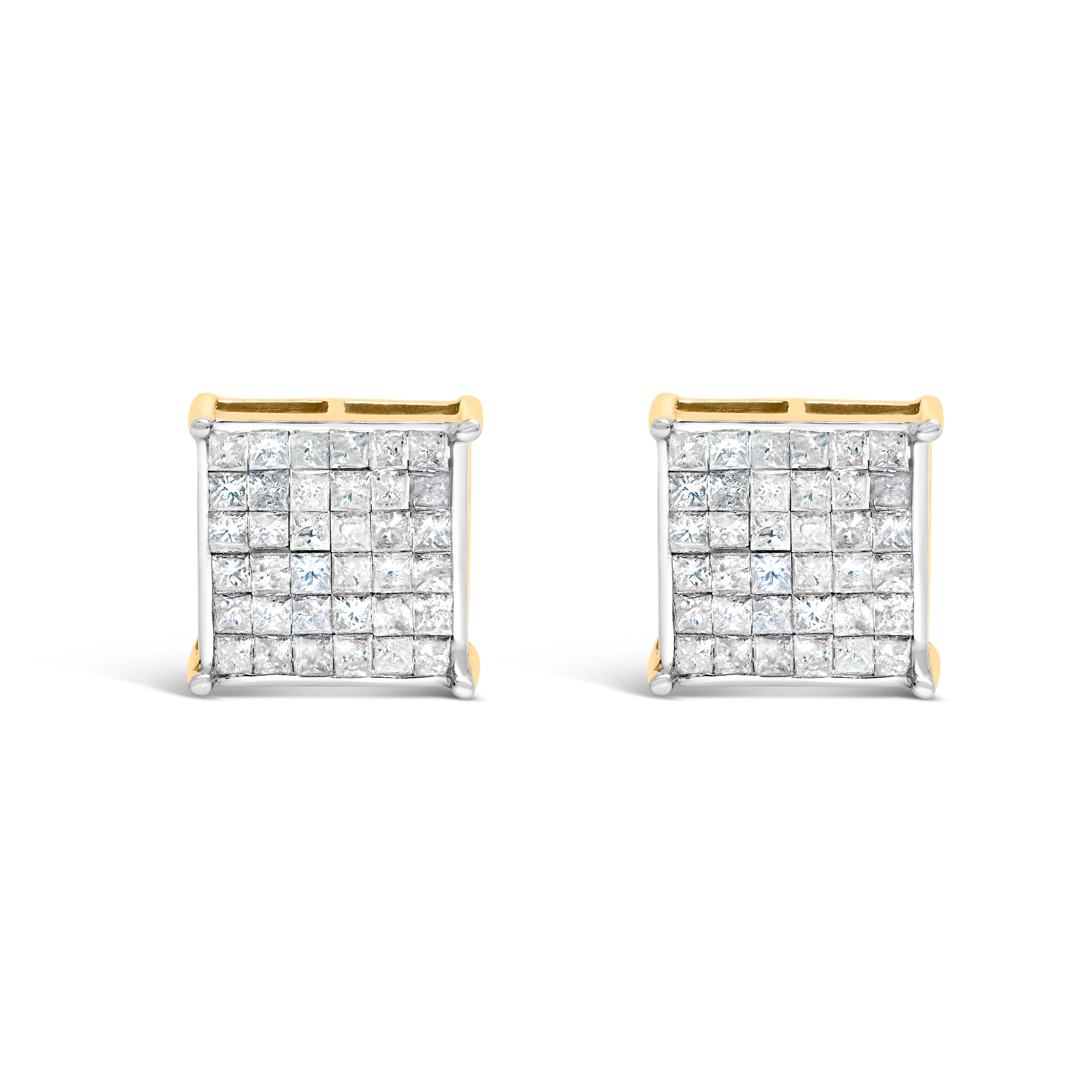 10K Yellow Gold 2.0 Cttw Invisible-Set Princess-Cut Diamond Stud Earrings by Bids.com