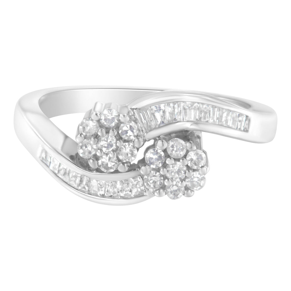 14K White Gold Round and Baguette Diamond Bypass Ring (1/2 cttw, H-I Color, I1-I2 Clarity) - Ring Size 6 by Bids.com