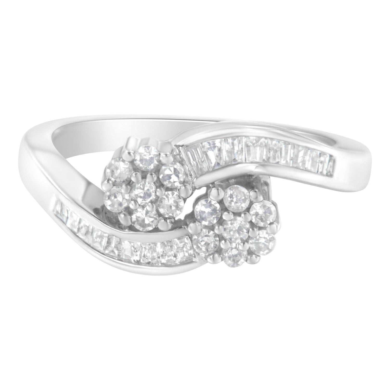 14K White Gold Round and Baguette Diamond Bypass Ring (1/2 cttw, H-I Color, I1-I2 Clarity) - Ring Size 6 by Bids.com