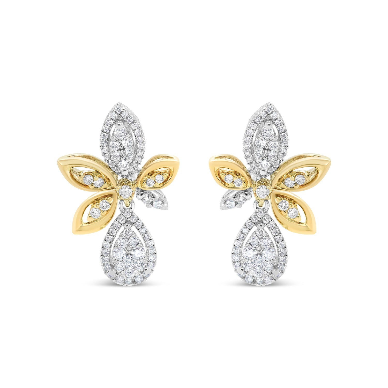 14K White and Yellow Gold 1.00 Cttw Round Pave-Set Diamond Teardrop and Marquise Shape Drop Dangle Earrings (H-I Color, SI1-SI2 Clarity)  DestGlow