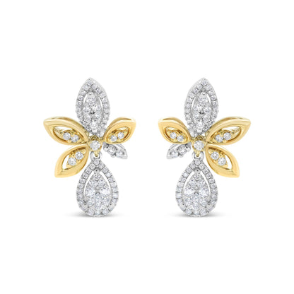 14K White and Yellow Gold 1.00 Cttw Round Pave-Set Diamond Teardrop and Marquise Shape Drop Dangle Earrings (H-I Color, SI1-SI2 Clarity)  DestGlow