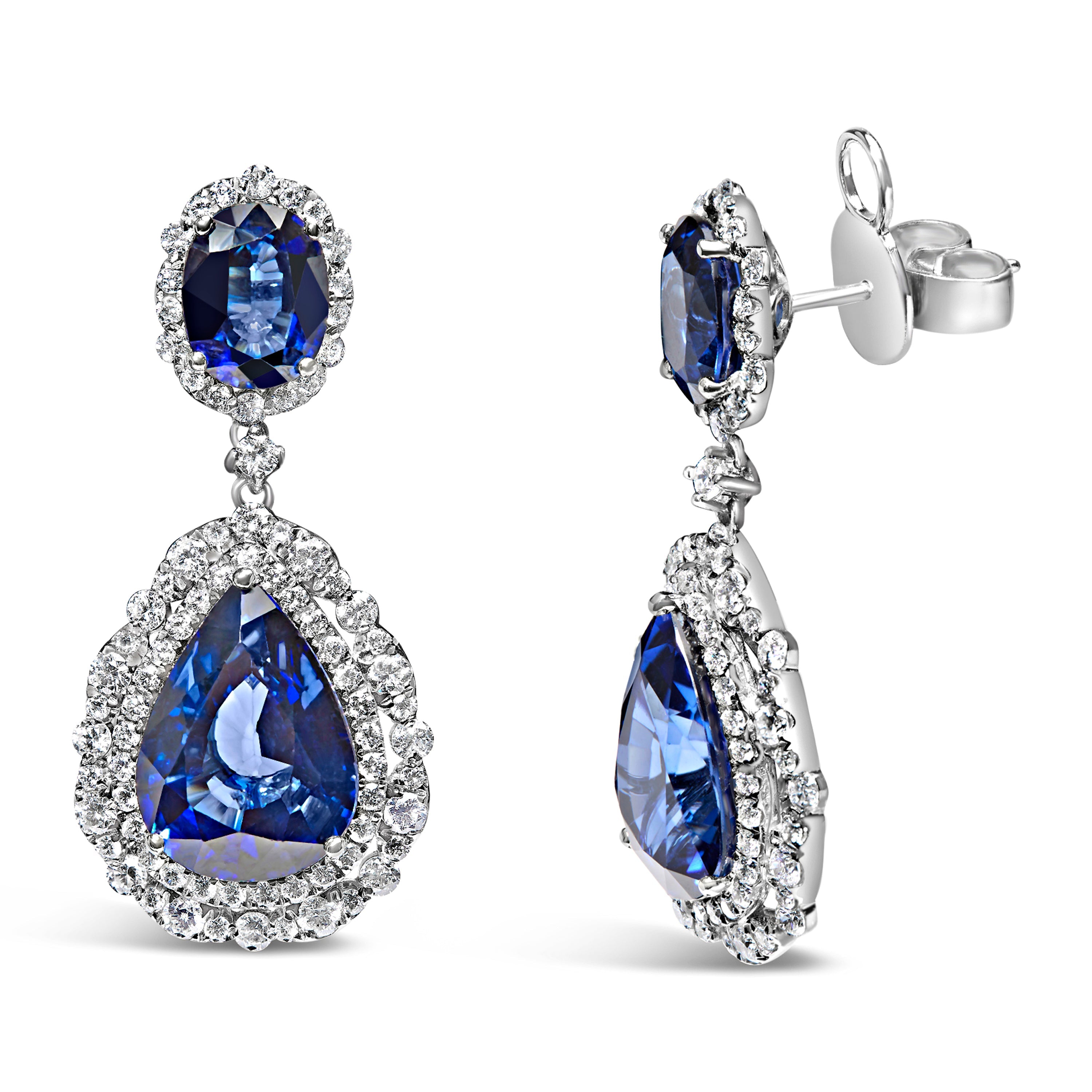 18K White Gold Blue Sapphire 2 3/4 Cttw Diamond Halo Drop Dangle Earring (G-H Color, SI1-SI2 Clarity) by Bids.com