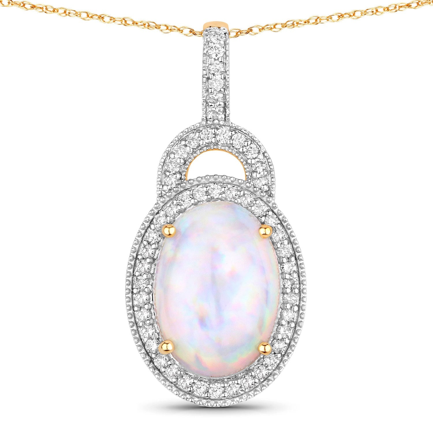 3.30 Carat Genuine Ethiopian Opal and White Diamond 14K Yellow Gold Pendant by Bids.com