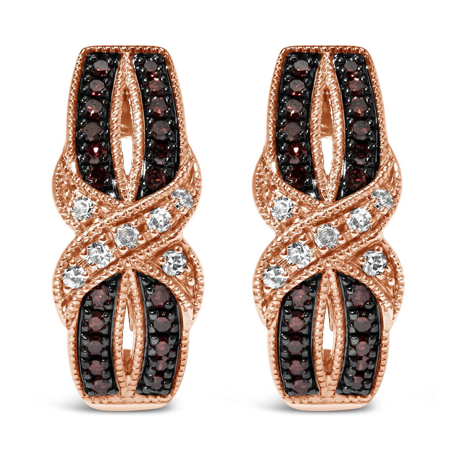 10K Rose Gold 1/3 Cttw White and Brown Diamond Milgrain Criss Cross J-Hoop Earrings (I-J Color, I1-I2 Clarity) by Bids.com