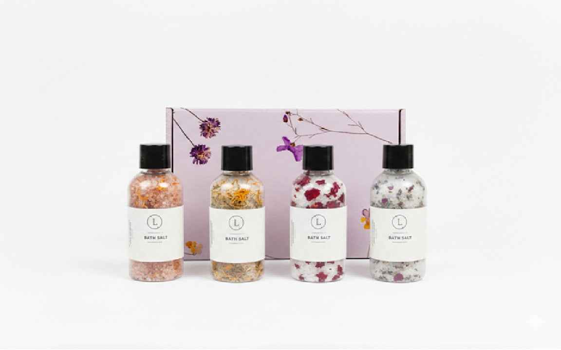 Luxurious Natural Bath Salts Discovery Set - 4 Botanical Glass Bottles