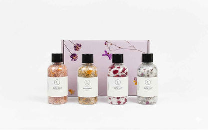 Luxurious Natural Bath Salts Discovery Set - 4 Botanical Glass Bottles