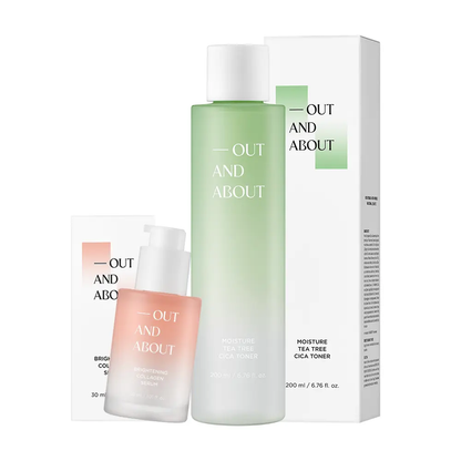 [Out And About Set] OUT AND ABOUT Moisture Tea Tree Cica Toner 200ml &amp; Brightening Collagen Serum 30ml