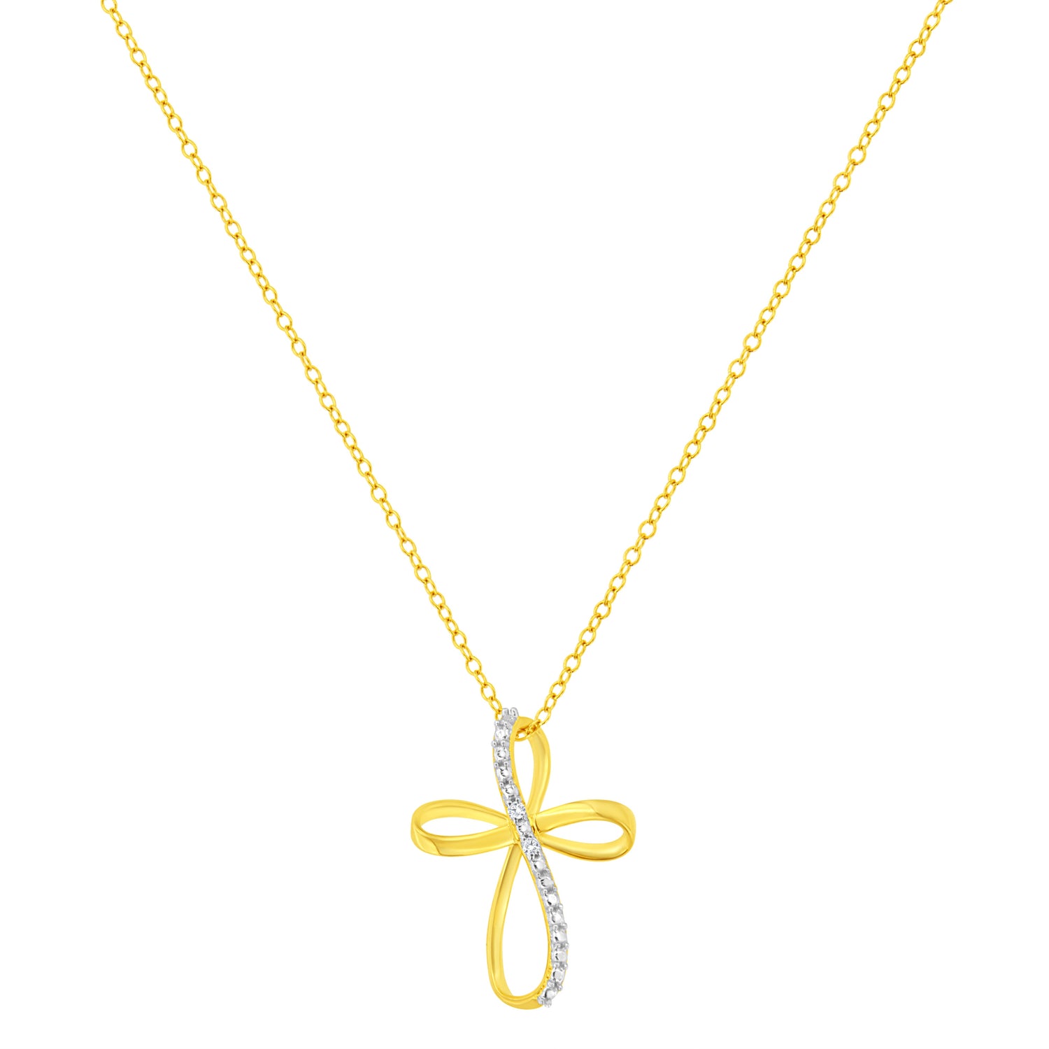 10K Yellow Gold Plated .925 Sterling Silver Diamond Accent Cross Ribbon 18" Pendant Necklace (I-J Color, I2-I3 Clarity) by Bids.com