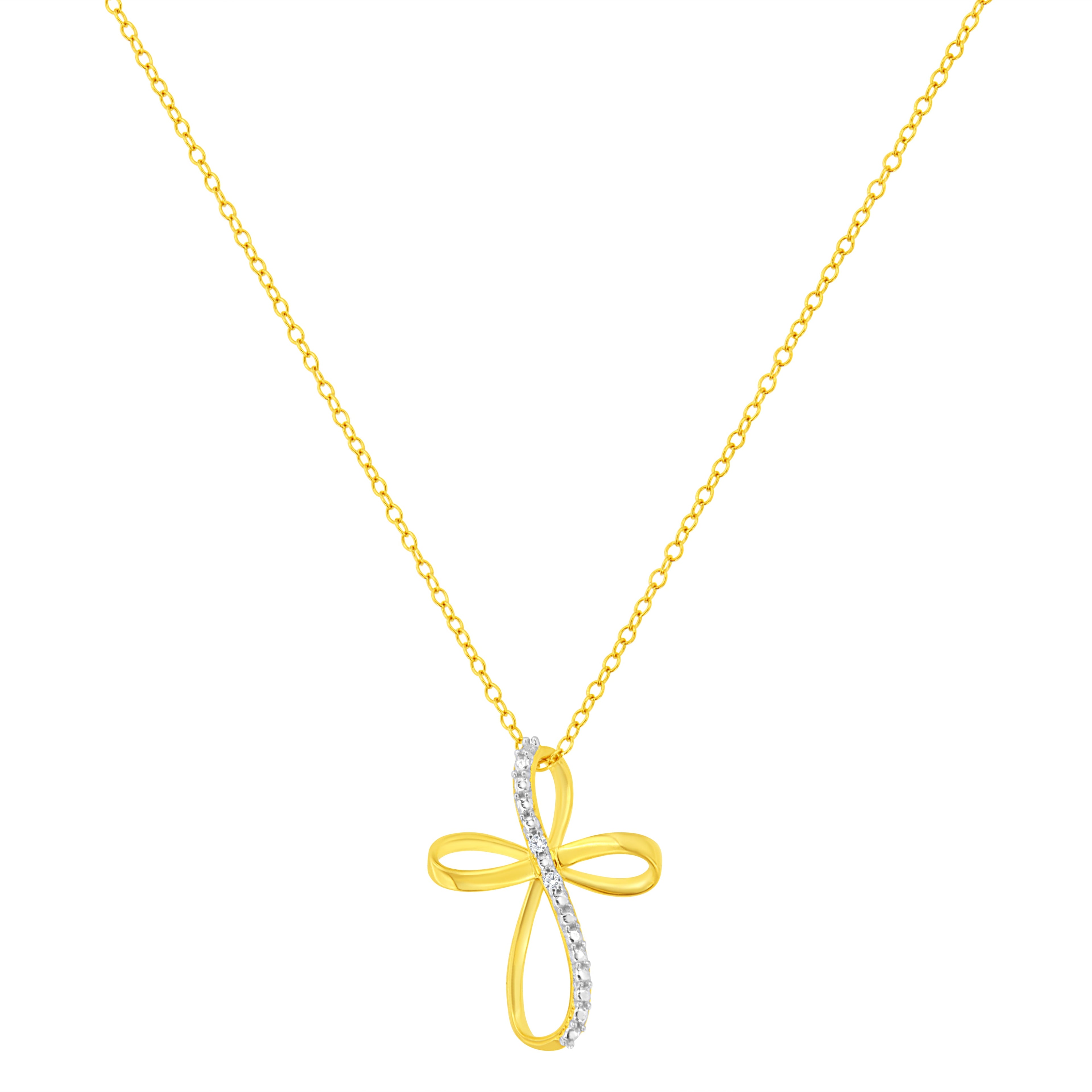 10K Yellow Gold Plated .925 Sterling Silver Diamond Accent Cross Ribbon 18" Pendant Necklace (I-J Color, I2-I3 Clarity) by Bids.com