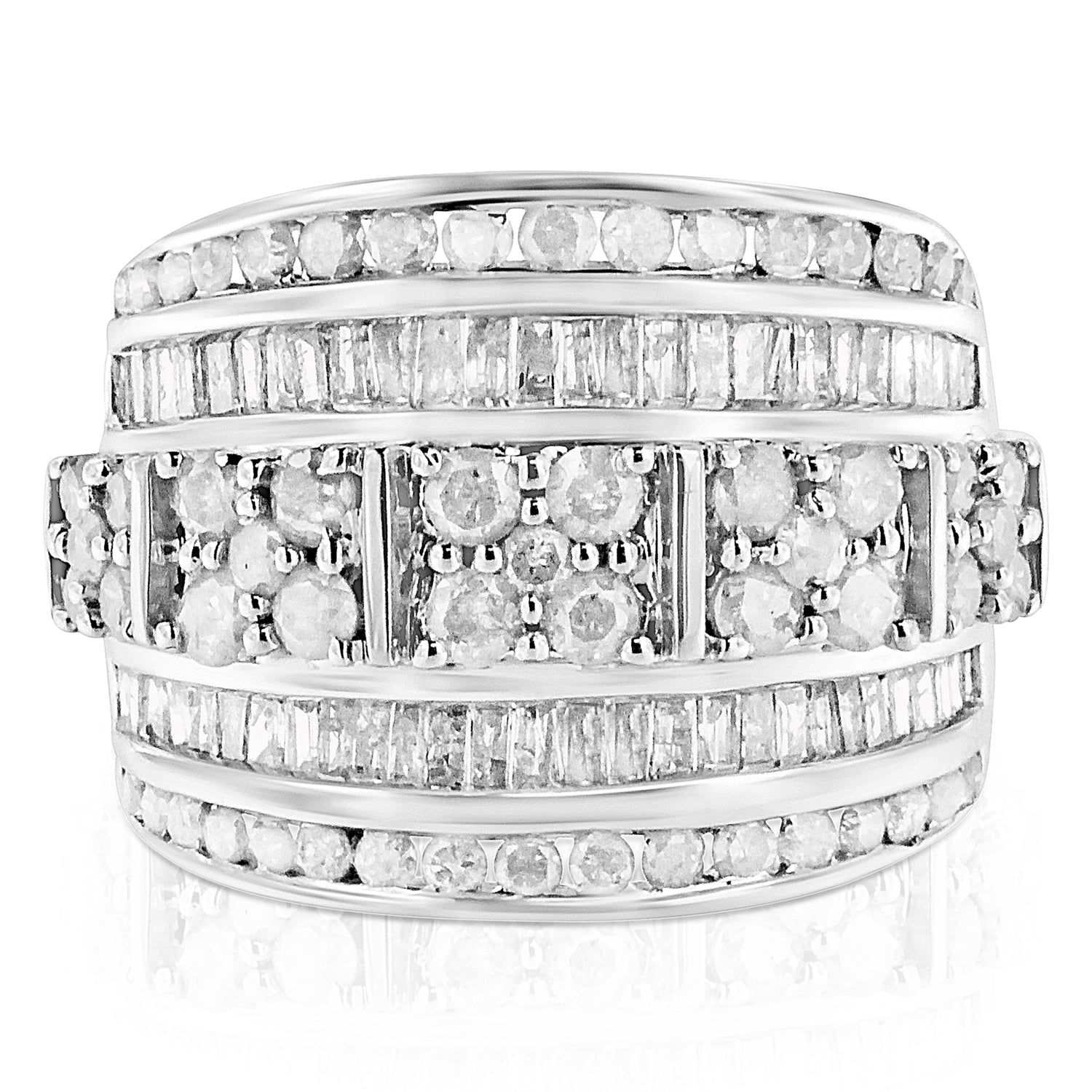 .925 Sterling Silver 2.0 Cttw Round &amp; Baguette Cut Diamond Multi-Row Channel Set Tapered Cocktail Fashion Ring (I-J Color, I3 Clarity) - Size 7 by Bids.com