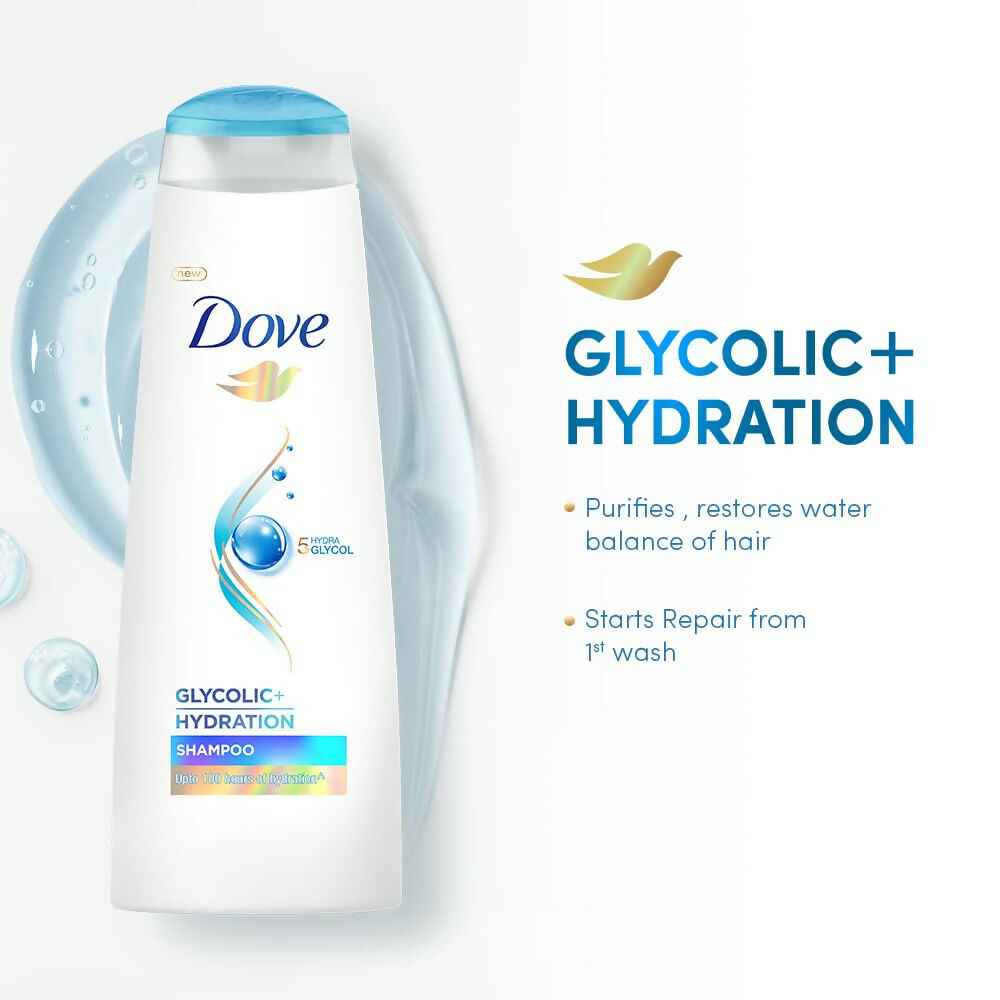 Dove Glycolic + Hydration Shampoo With 5% Hydra-Glycol For Upto 100 Hours Of Hydrated, Fluid Hair