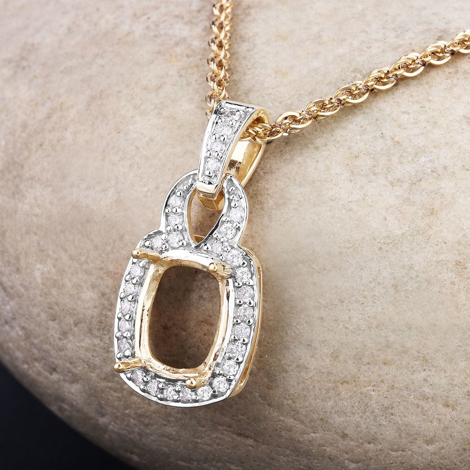 0.25 Carat Genuine White Diamond 14K Yellow Gold Semi Mount Pendant - holds 9x7mm Cushion Gemstone by Bids.com