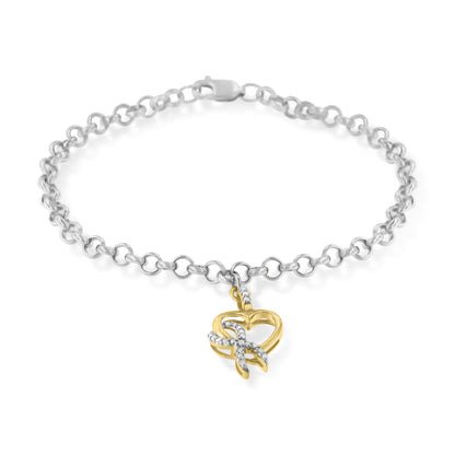 10K Yellow Gold 1/10 Cttw Diamond Awareness Ribbon &amp; Heart Charm on 7" .925 Sterling Silver Rolo Bracelet (H-I Color, I1-I2 Clarity) by Bids.com