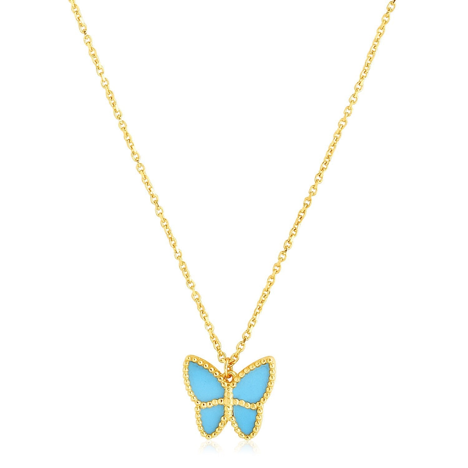 14k Yellow Gold High Polish Butterfly Turquoise Paste Necklace by Bids.com
