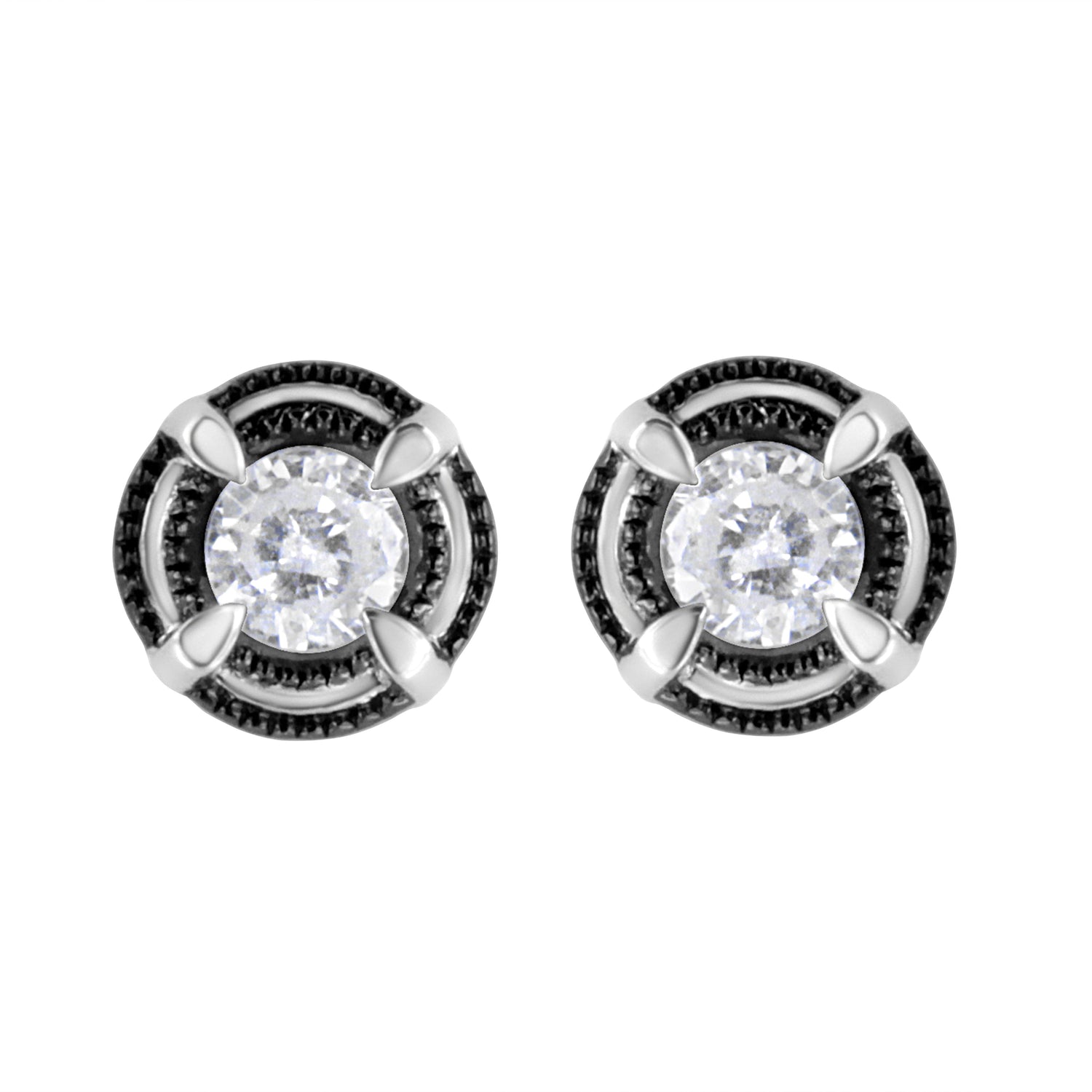 Black Rhodium Plated .925 Sterling Silver Round 1-1/2 cttw Diamond Double Halo 4-Prong Solitaire Milgrain Stud Earrings (H-I Color, I2-I3 Clarity) by Bids.com
