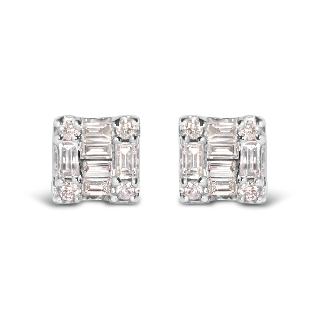 10K White Gold 1/7 Cttw Round and Baguette Diamond Mosaic Square Stud Earrings (H-I Color, I1-I2 Clarity) by Bids.com