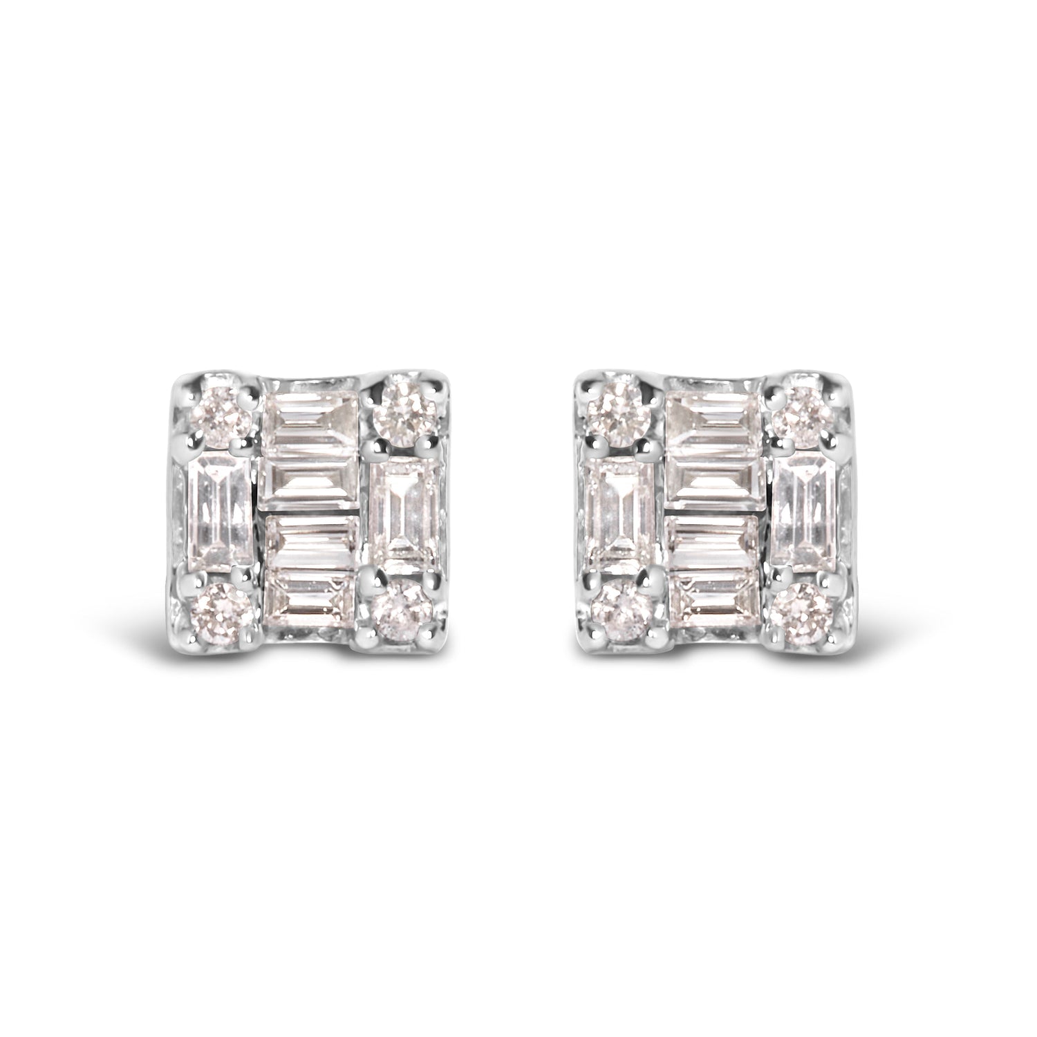 10K White Gold 1/7 Cttw Round and Baguette Diamond Mosaic Square Stud Earrings (H-I Color, I1-I2 Clarity) by Bids.com