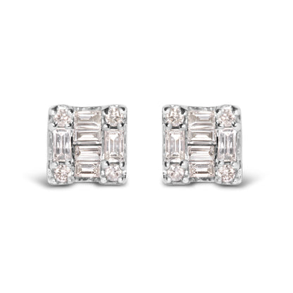10K White Gold 1/7 Cttw Round and Baguette Diamond Mosaic Square Stud Earrings (H-I Color, I1-I2 Clarity) by Bids.com